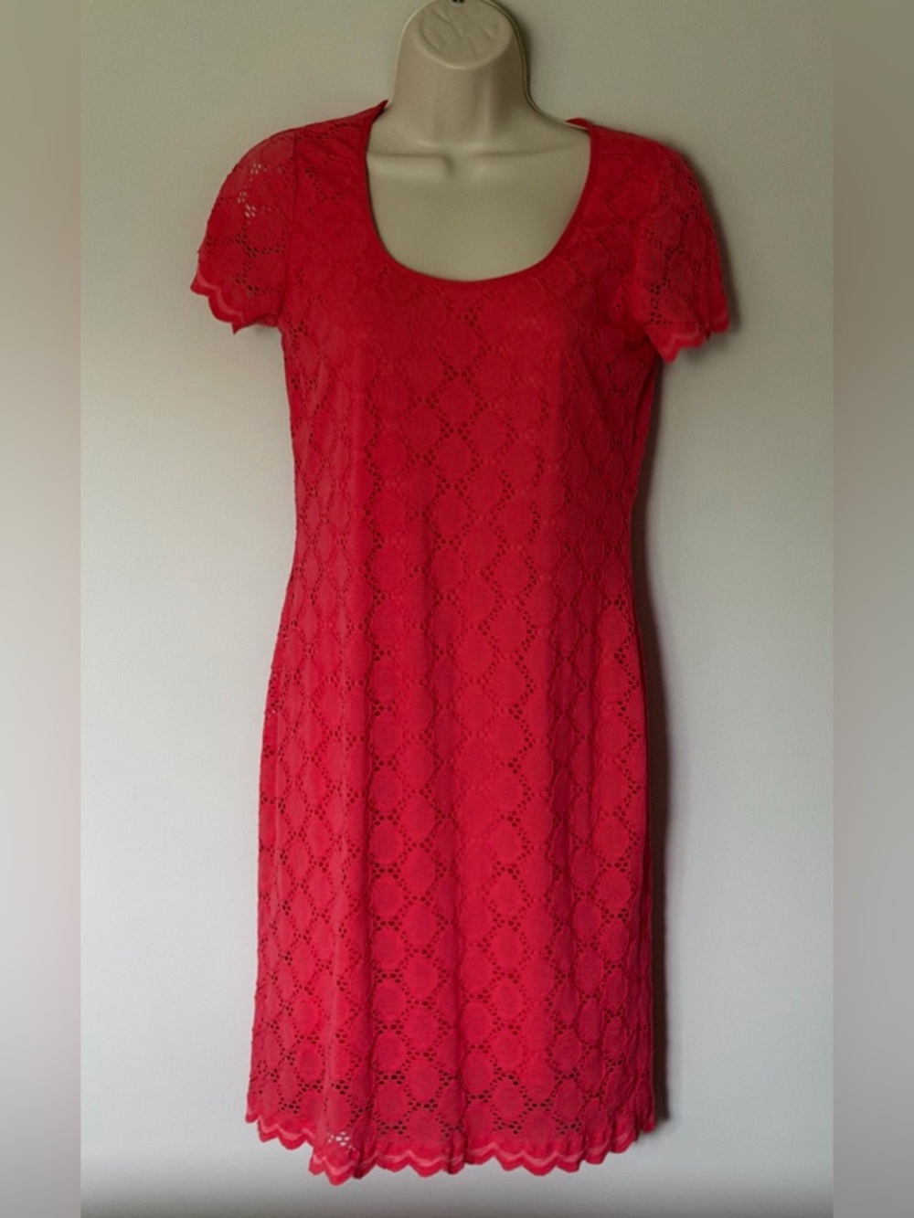 Ronni Nicole Bright Coral Stretch Lace Midi Dress